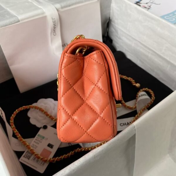 Chanel 23K AS1787 Mini Pearl Embossed Rectangular Flap Bag Lambskin Brushed Metal Hardware Orange